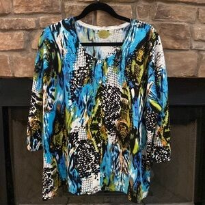 Prima Bella colorful blue and black cardigan with colorful sequin throughout. 2X